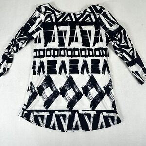 Peck & Peck Womens Small Black‎ White Geometric Abstract Long Sleeve Blouse Top